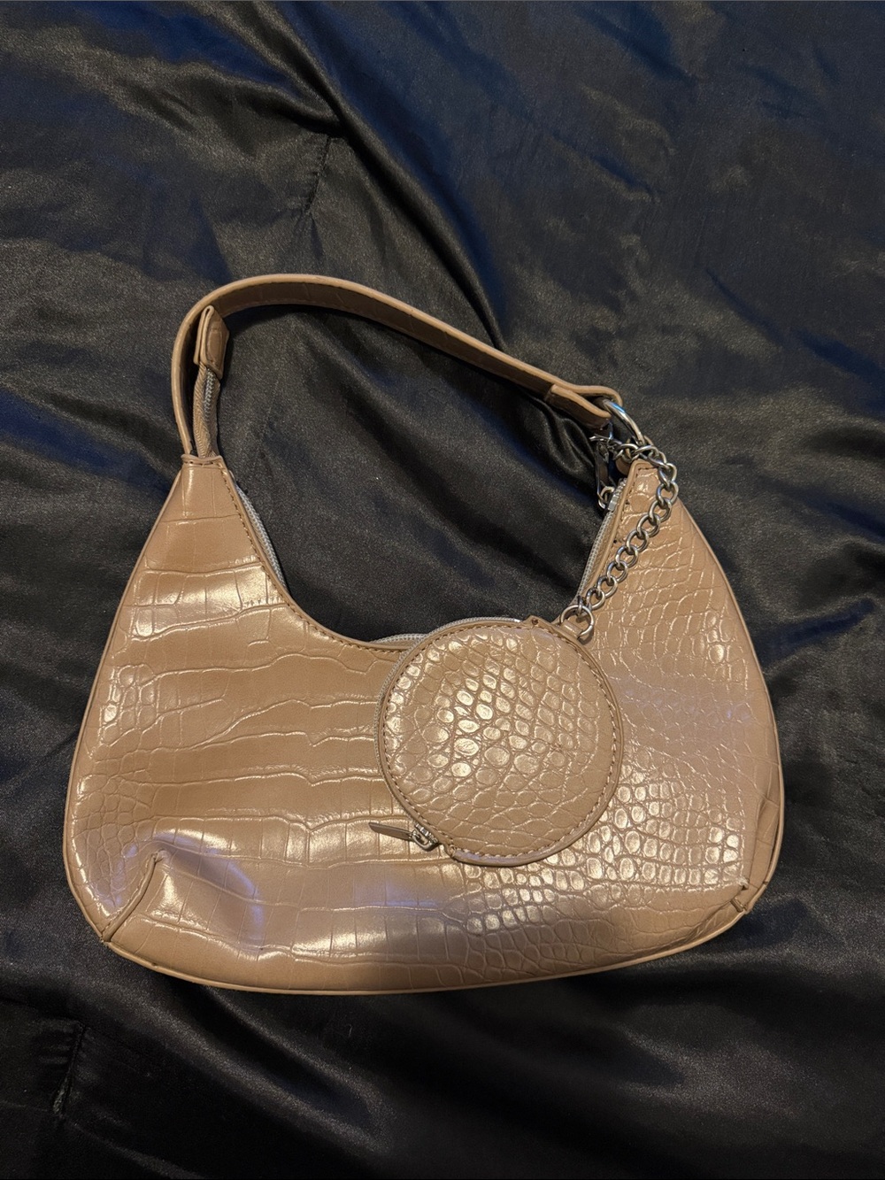 Taupe Croc-Embossed Shoulder Bag with Coin Pouch